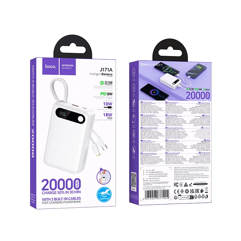 Ekstern Batteri HOCO J171A, 20000mAh, 22.5W, QC + PD, 1 x Lightning - 1 x USB-A - 2 x USB-C, Hvid