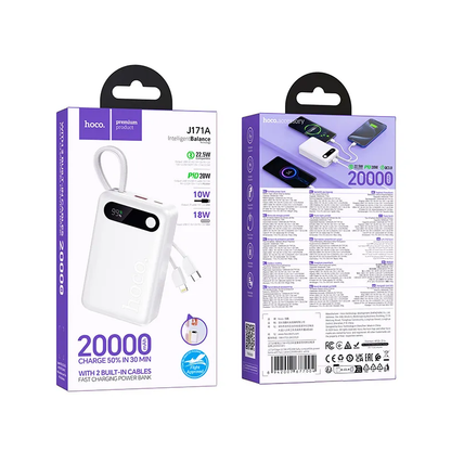 Ekstern Batteri HOCO J171A, 20000mAh, 22.5W, QC + PD, 1 x Lightning - 1 x USB-A - 2 x USB-C, Hvid