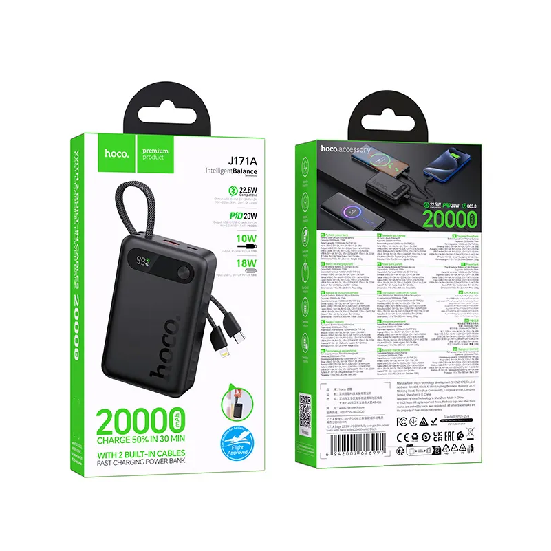 Ekstern Batteri HOCO J171A, 20000mAh, 22,5W, QC + PD, 1 x Lightning - 1 x USB-A - 2 x USB-C, Sort