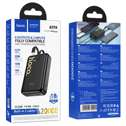 Ekstern Batteri HOCO Q37A, 20000mAh, 22,5W, QC + PD, 1 x Lightning - 1 x USB-A - 2 x USB-C, Sort