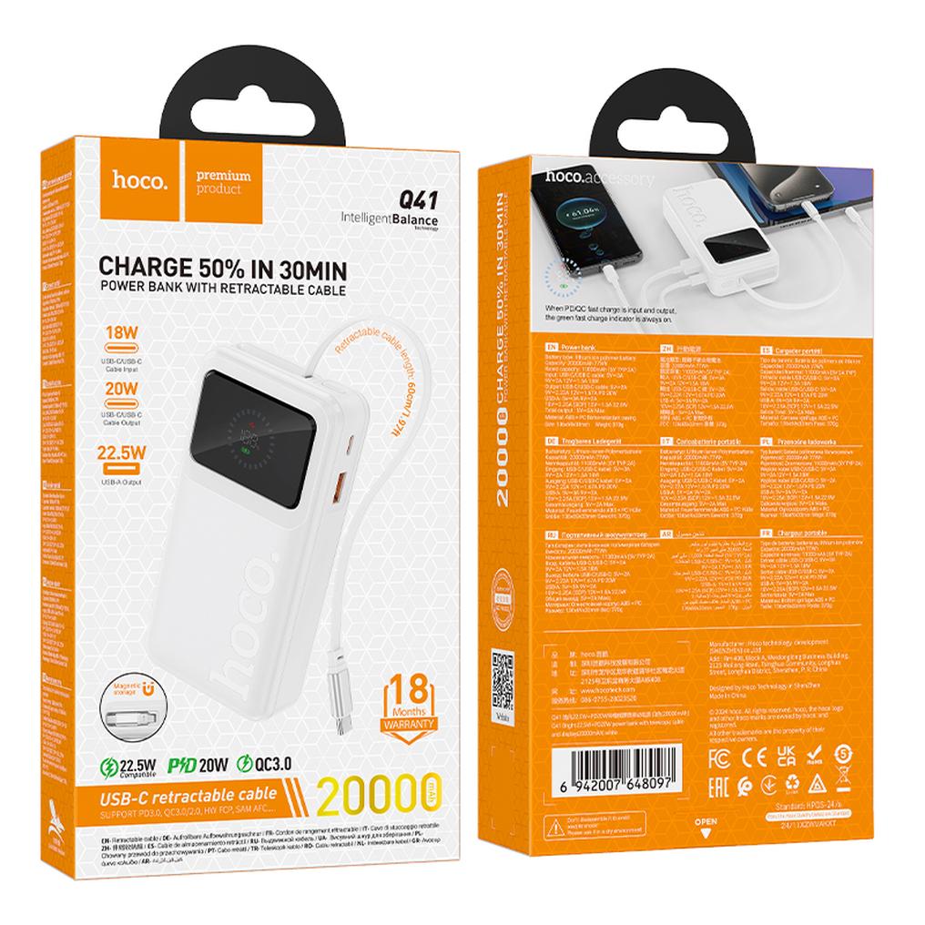 HOCO Q41 powerbank, 20000 mAh, 22,5 W, QC + PD, 1 x USB-A – 2 x USB-C, hvid
