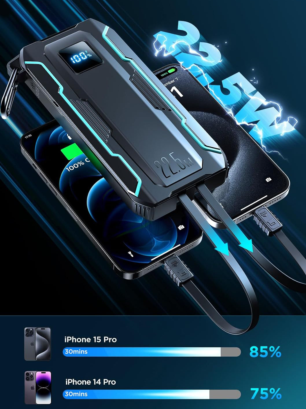 Ekstern batteri Joyroom JR-L017, 10000mAh, 22.5W, QC + PD, 1 x Lightning - 1 x USB-A - 2 x USB-C, Sort
