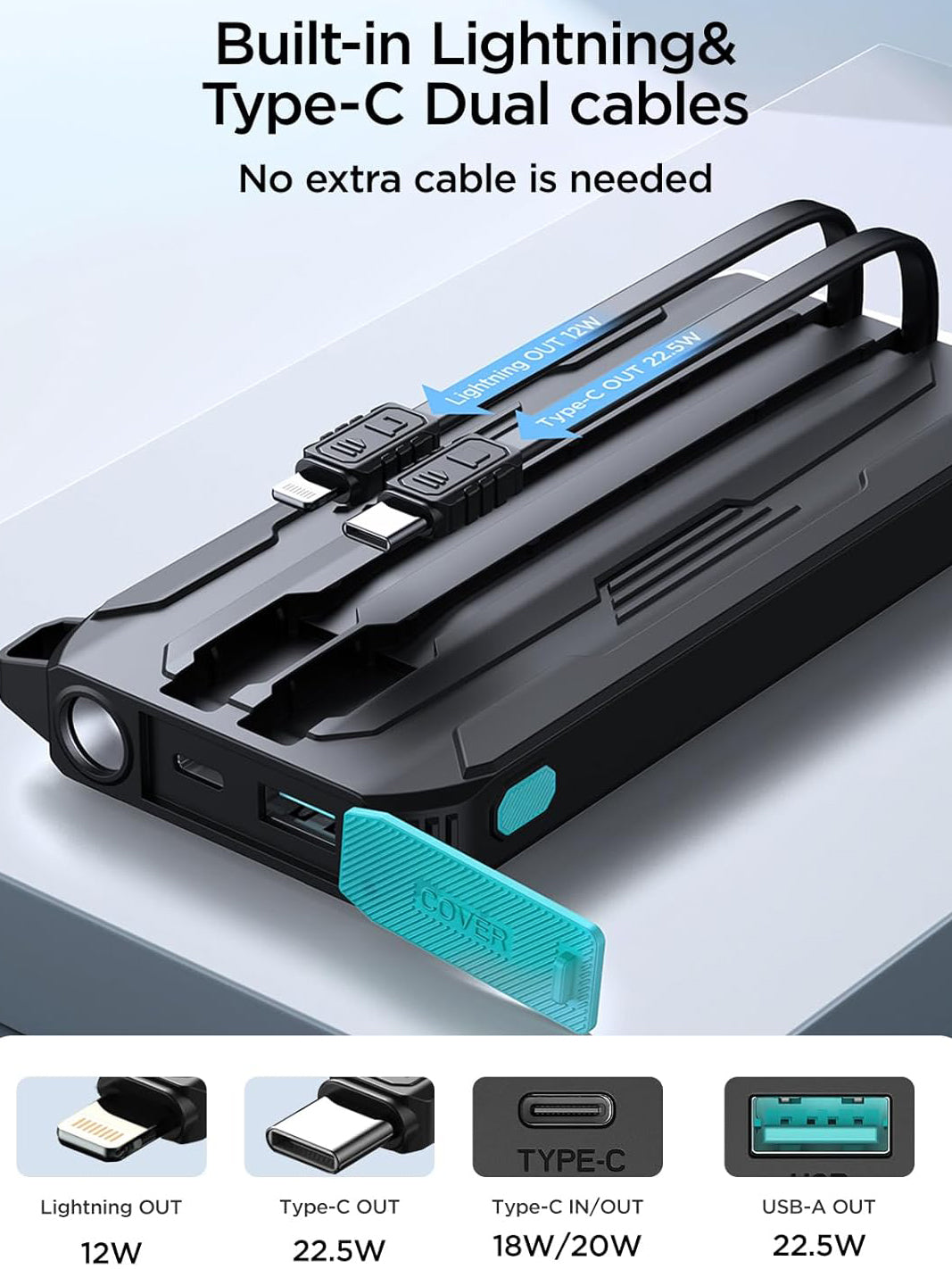 Ekstern batteri Joyroom JR-L017, 10000mAh, 22.5W, QC + PD, 1 x Lightning - 1 x USB-A - 2 x USB-C, Sort