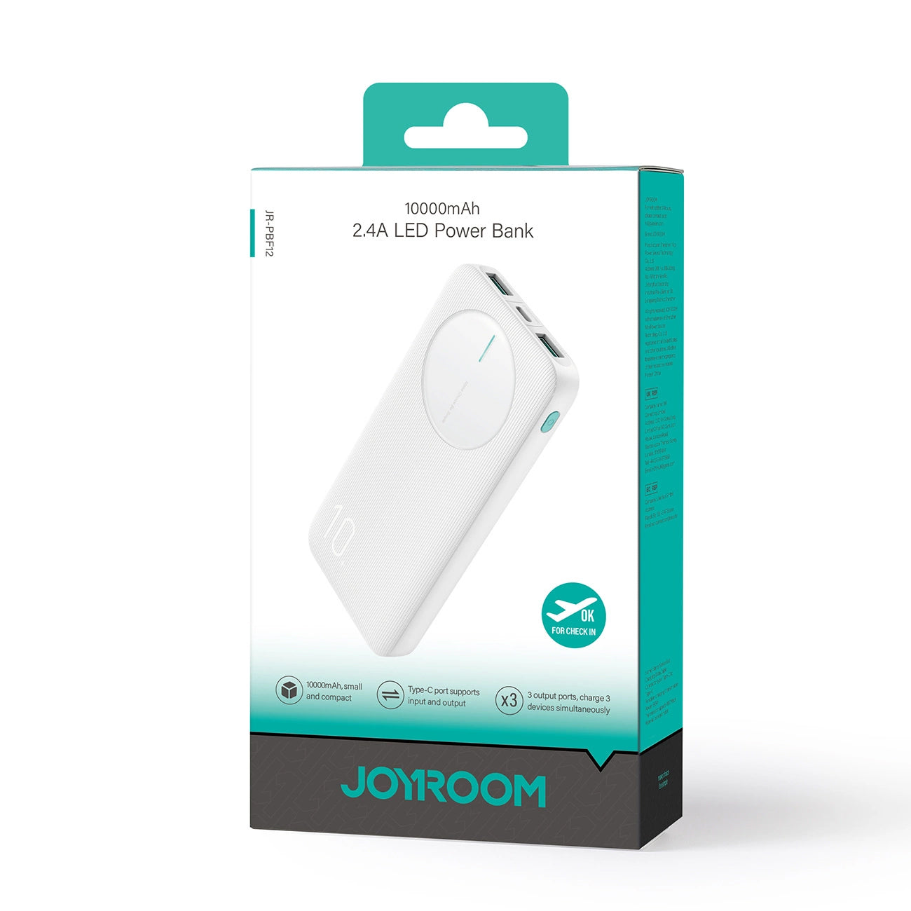 Ekstern batteri Joyroom JR-PBF12, 10000mAh, 12W, 1 x USB-C - 2 x USB-A, Hvid