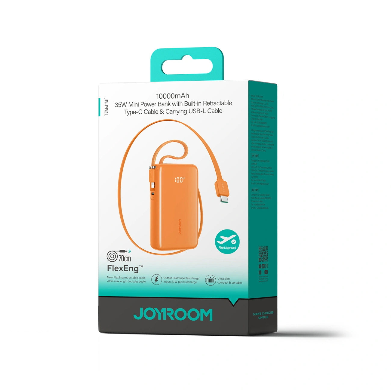 Joyroom JR-PR2L Ekstern Batteri, 10000mAh, 35W, QC + PD, 1 x Lightning - 2 x USB-C, Orange