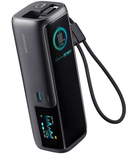 Joyroom PODIX PR70 powerbank, 25000 mAh, 240 W, QC + PD, 1 x USB-A – 3 x USB-C, sort
