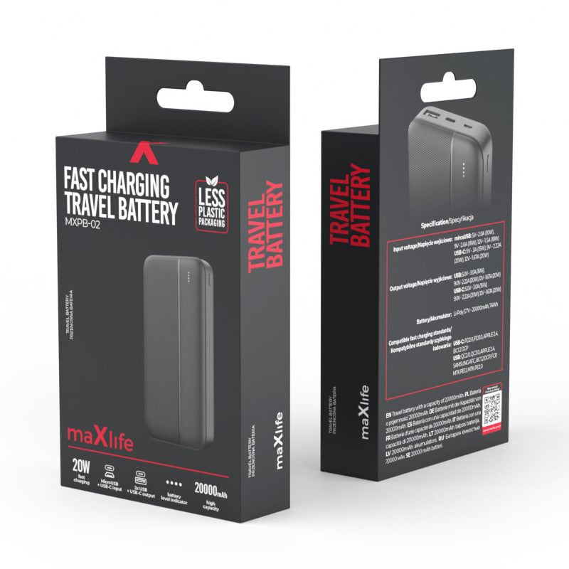Ekstern batteri MaXlife MXPB-02, 20000mAh, 20W, QC + PD, 1 x USB-A - 1 x USB-C, Sort