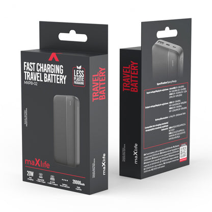 Ekstern batteri MaXlife MXPB-02, 20000mAh, 20W, QC + PD, 1 x USB-A - 1 x USB-C, Sort