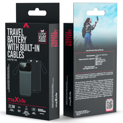 Ekstern batteri MaXlife MXPB-06, 10000mAh, 22.5W, QC + PD, 1 x Lightning - 2 x USB-A - 2 x USB-C, Sort