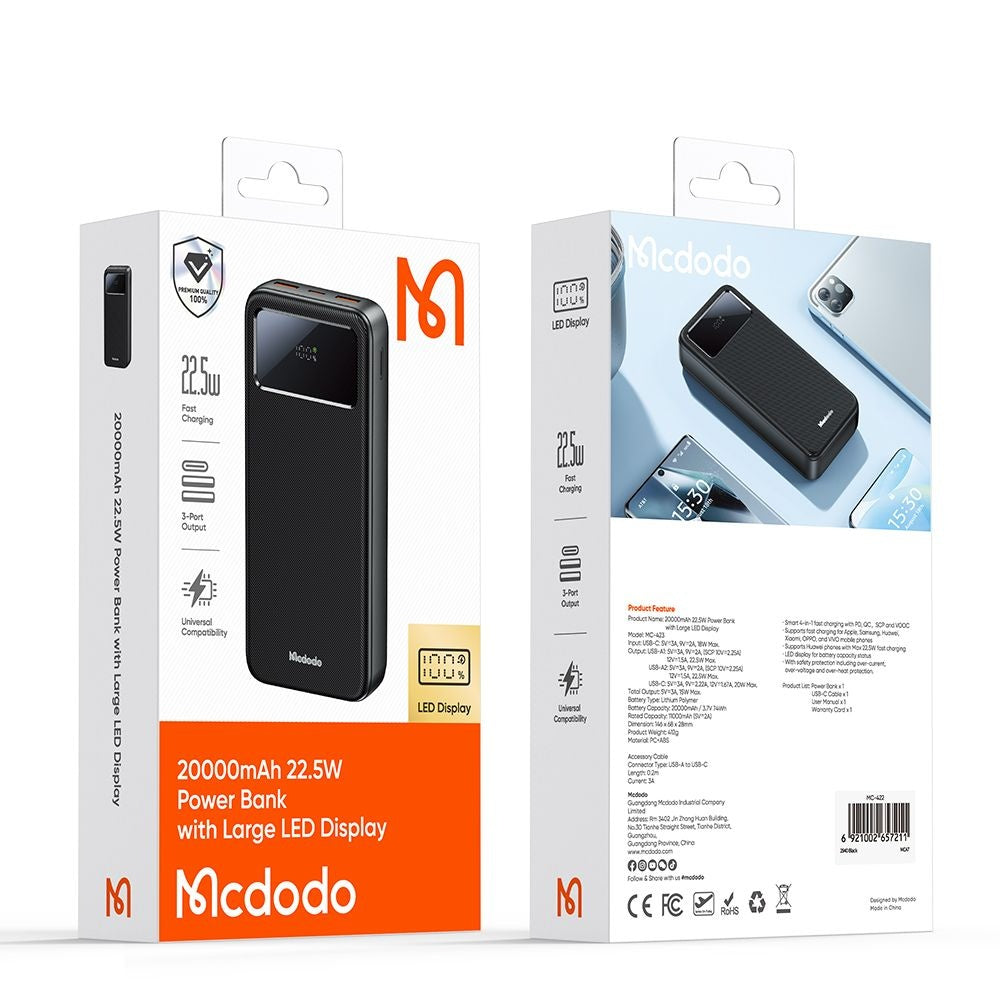 Ekstern batteri McDodo MC-4230, 20000mAh, 22.5W, QC + PD, 2 x USB-A - 1 x USB-C, Sort