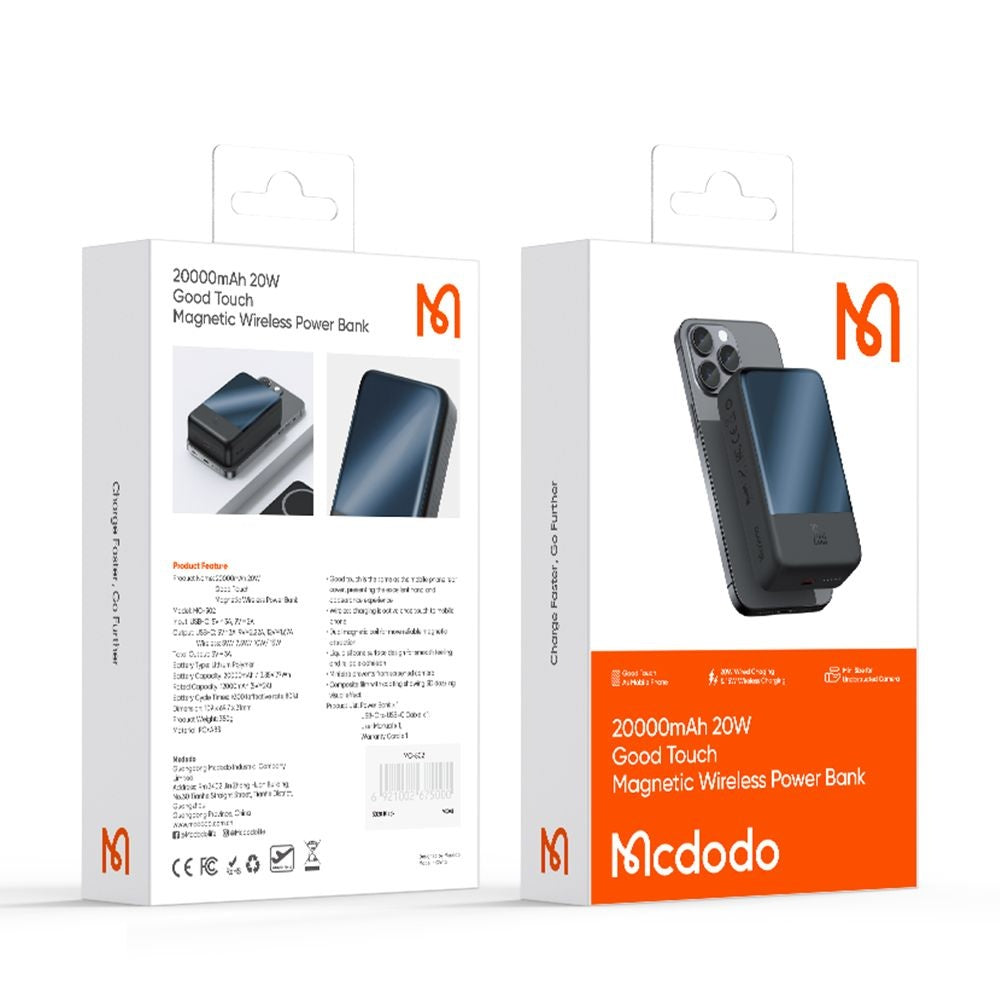 Ekstern Trådløs Batteri McDodo MC-5021 Ambilight, 20000mAh, 20W, PD + FQI, 1 x QI - 1 x USB-C, Sort