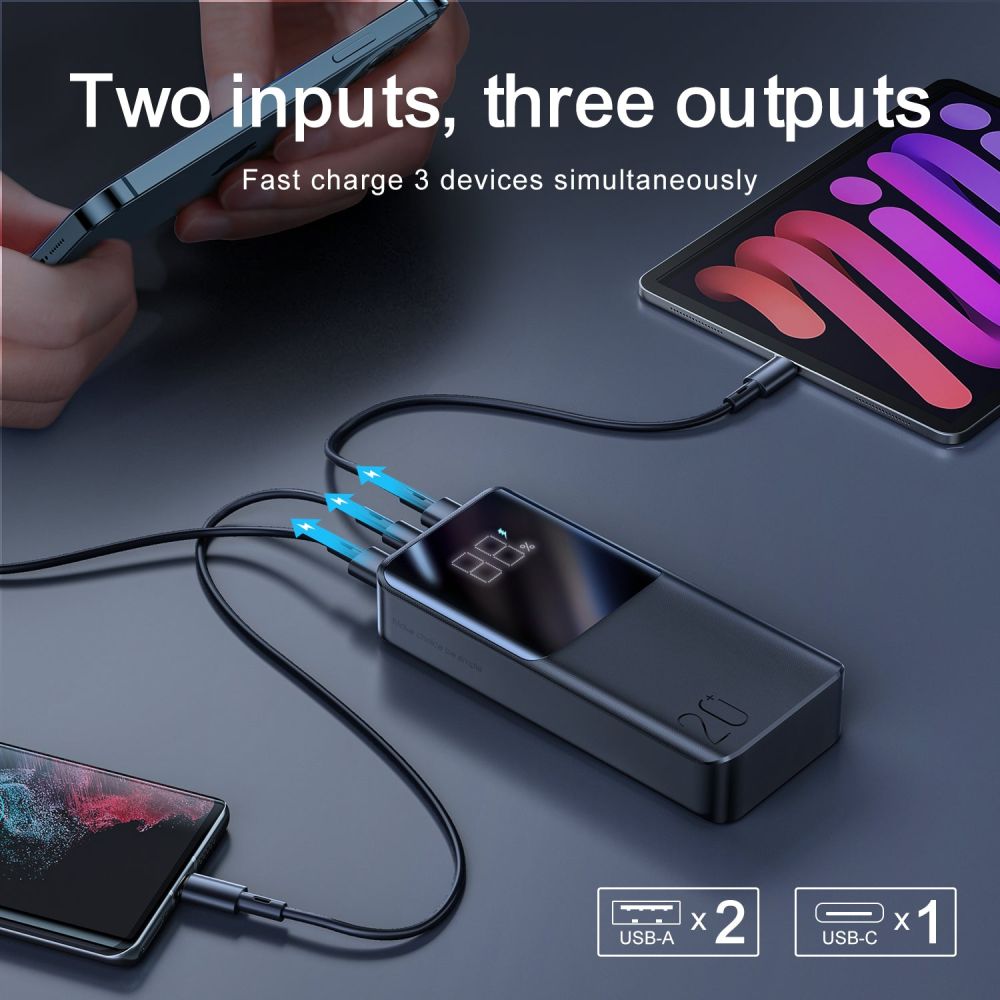 Ekstern batteri Joyroom, 20000mAh, 22.5W, QC + PD, 1 x USB-C - 2 x USB-A, Sort JR-QP192