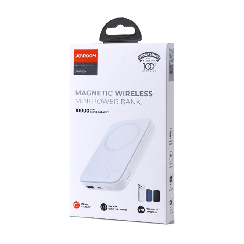 Joyroom JR-W020 Wireless External Battery, 10000mAh, 20W, QC + PD + FQI, 1 x QI - 1 x USB-A - 1 x USB-C, White