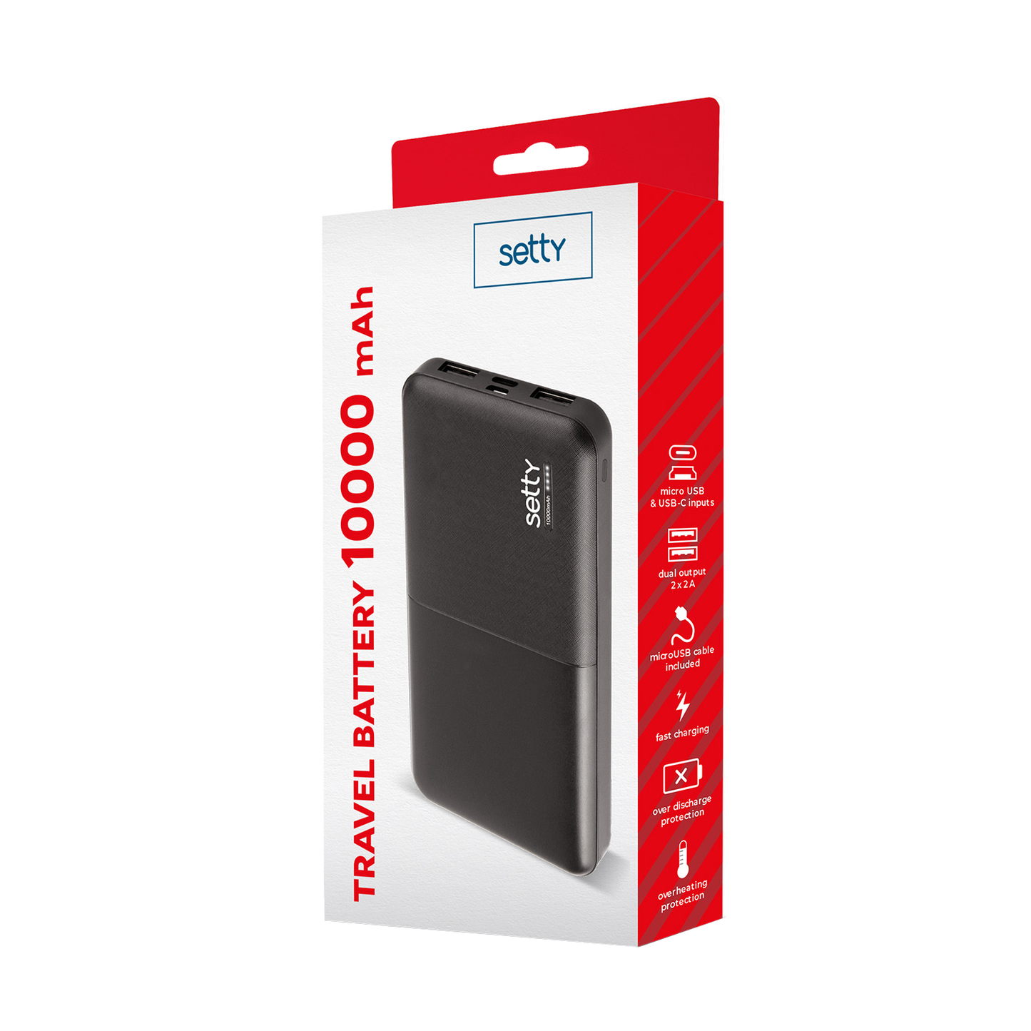 Ekstern batteri Setty, 10000mAh, 10W, 2 x USB-A, Sort