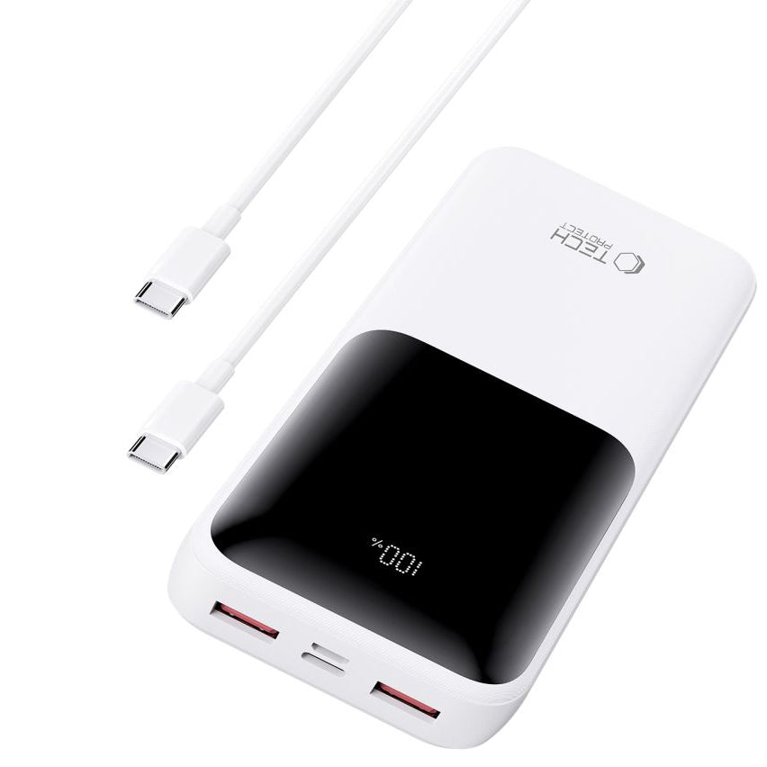 Ekstern batteri Tech-Protect PB02, 20000mAh, 22.5W, QC + PD, 1 x USB-C - 2 x USB-A, Hvid