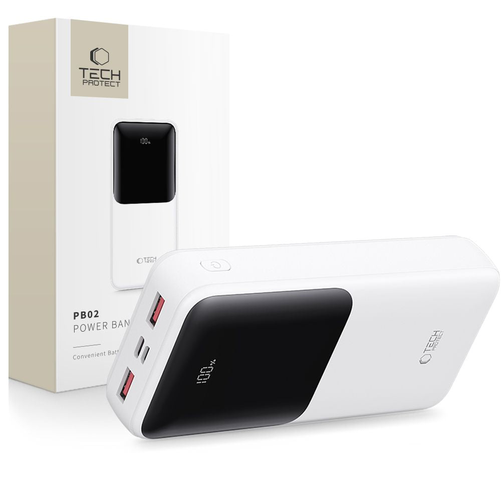Ekstern batteri Tech-Protect PB02, 20000mAh, 22.5W, QC + PD, 1 x USB-C - 2 x USB-A, Hvid