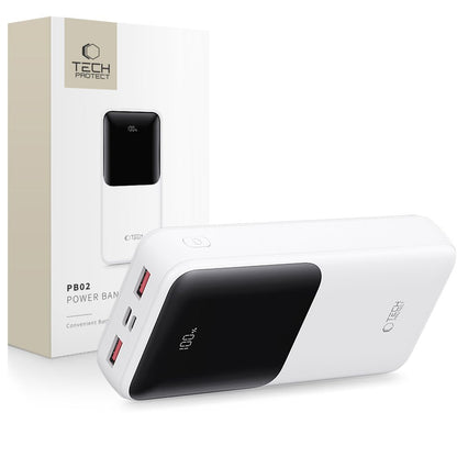 Ekstern batteri Tech-Protect PB02, 20000mAh, 22.5W, QC + PD, 1 x USB-C - 2 x USB-A, Hvid
