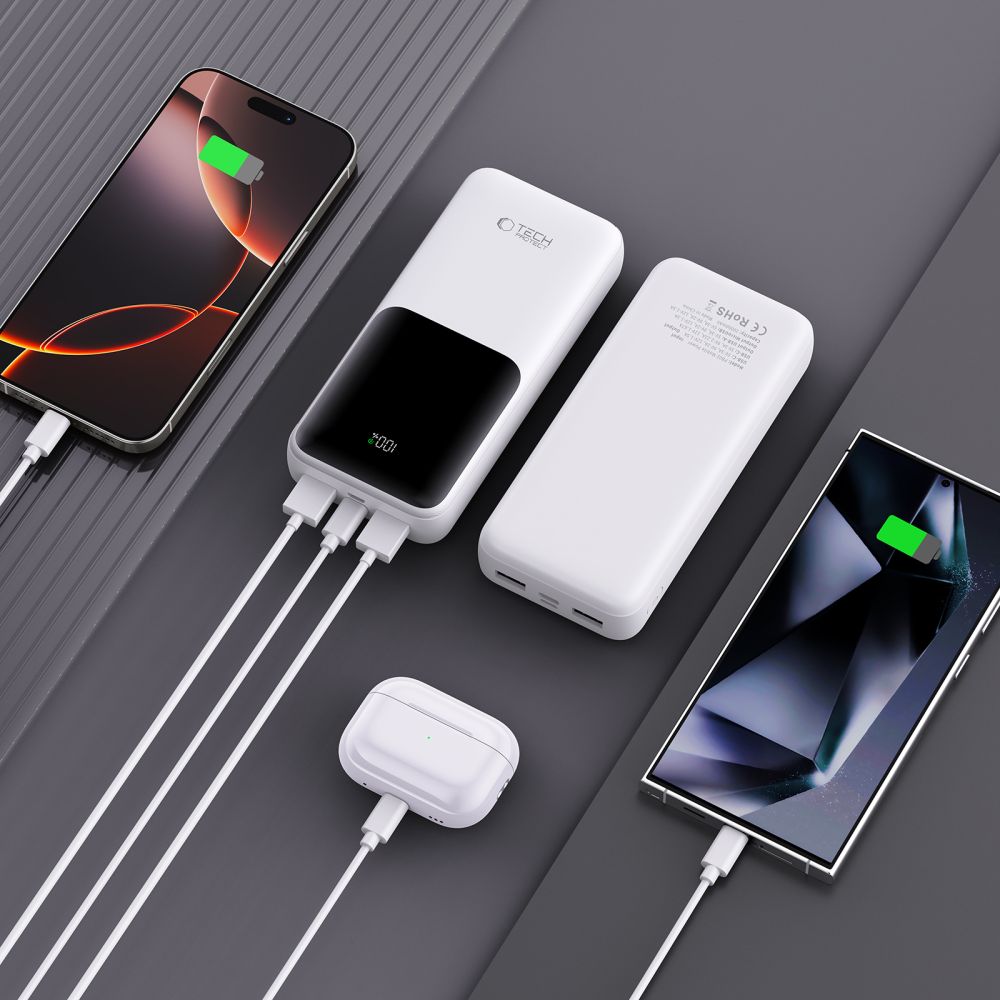 Ekstern batteri Tech-Protect PB02, 20000mAh, 22.5W, QC + PD, 1 x USB-C - 2 x USB-A, Hvid