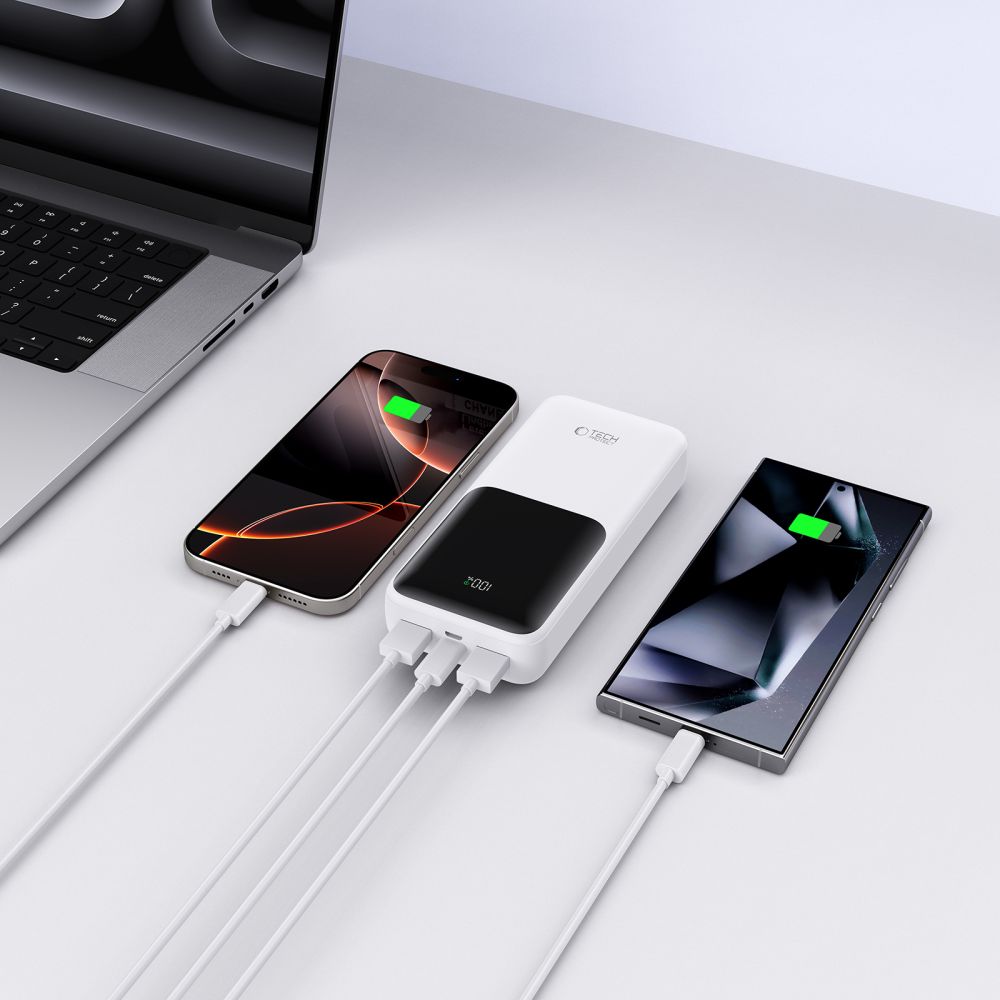 Ekstern batteri Tech-Protect PB02, 20000mAh, 22.5W, QC + PD, 1 x USB-C - 2 x USB-A, Hvid