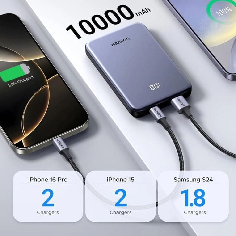 Ekstern batteri UGREEN 75131B, 10000mAh, 22.5W, QC + PD, 1 x USB-A - 1 x USB-C, Grå