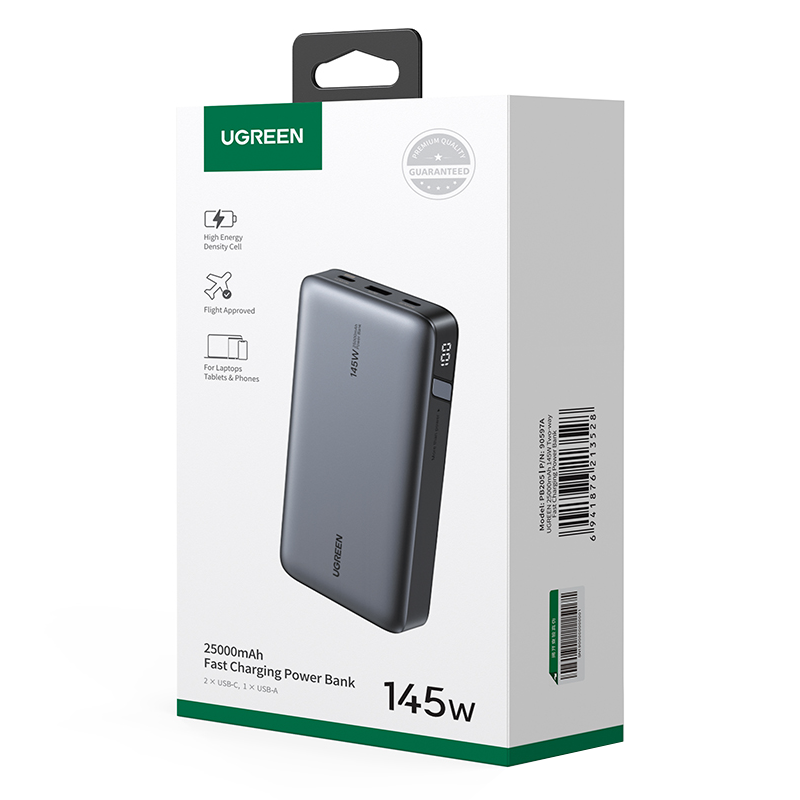 Ekstern batteri UGREEN PB205, 25000mAh, 145W, QC + PD, 1 x USB-A - 2 x USB-C, Grå