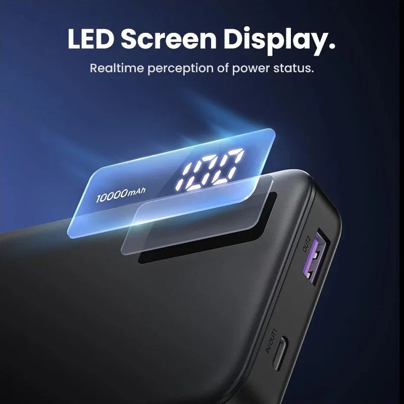 UGREEN PB311 External Battery, 10000mAh, 22.5W, QC + PD, 1 x USB-C - 2 x USB-A, Black