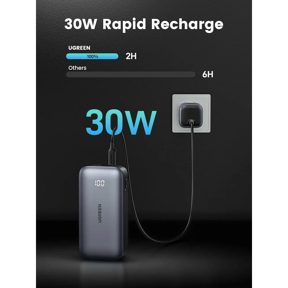 Ekstern Batteri UGREEN PB502, 10000mAh, 30W, QC + PD, 1 x USB-A - 1 x USB-C, Grå