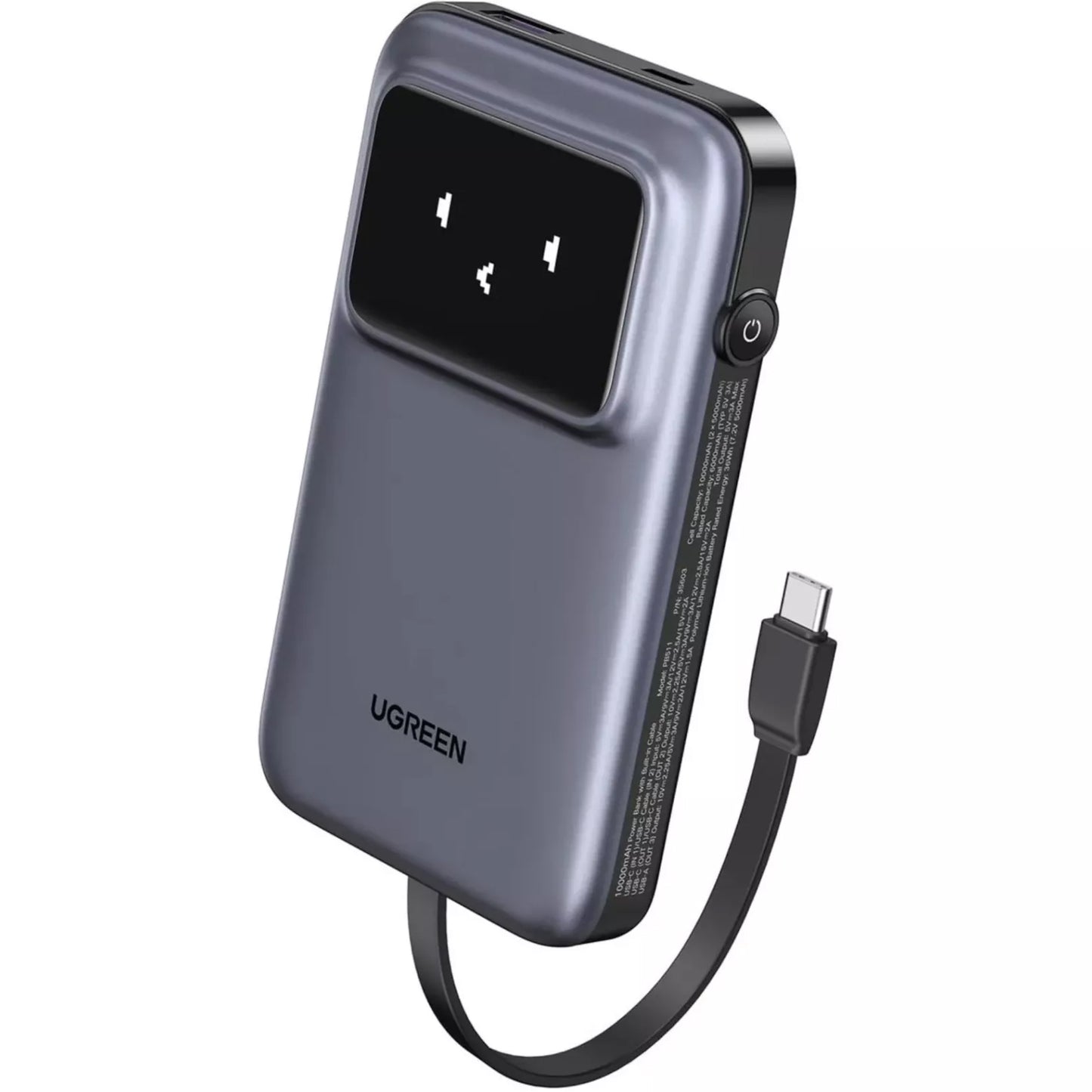 Ekstern batteri UGREEN PB511 Uno, 10000mAh, 30W, QC + PD, 1 x USB-A - 2 x USB-C, Grå