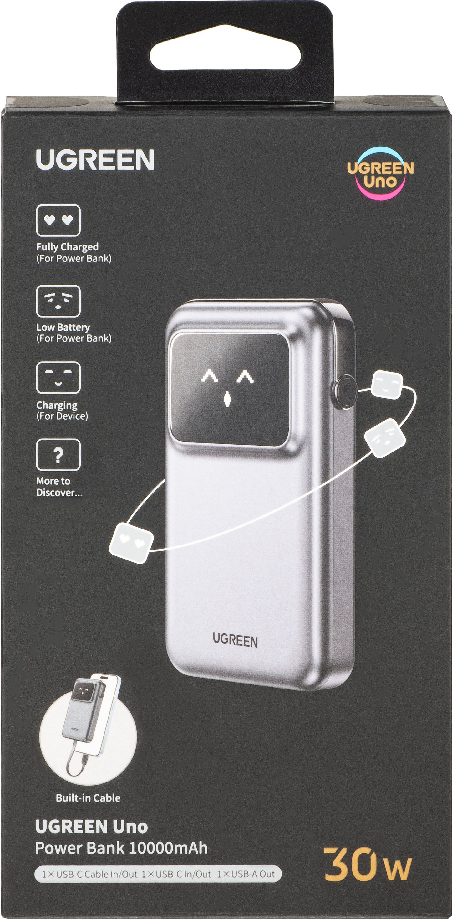 Ekstern batteri UGREEN PB511 Uno, 10000mAh, 30W, QC + PD, 1 x USB-A - 2 x USB-C, Grå