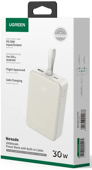 Ekstern Batteri UGREEN PB521, 20000mAh, 30W, QC + PD, 1 x USB-A - 2 x USB-C, Hvid