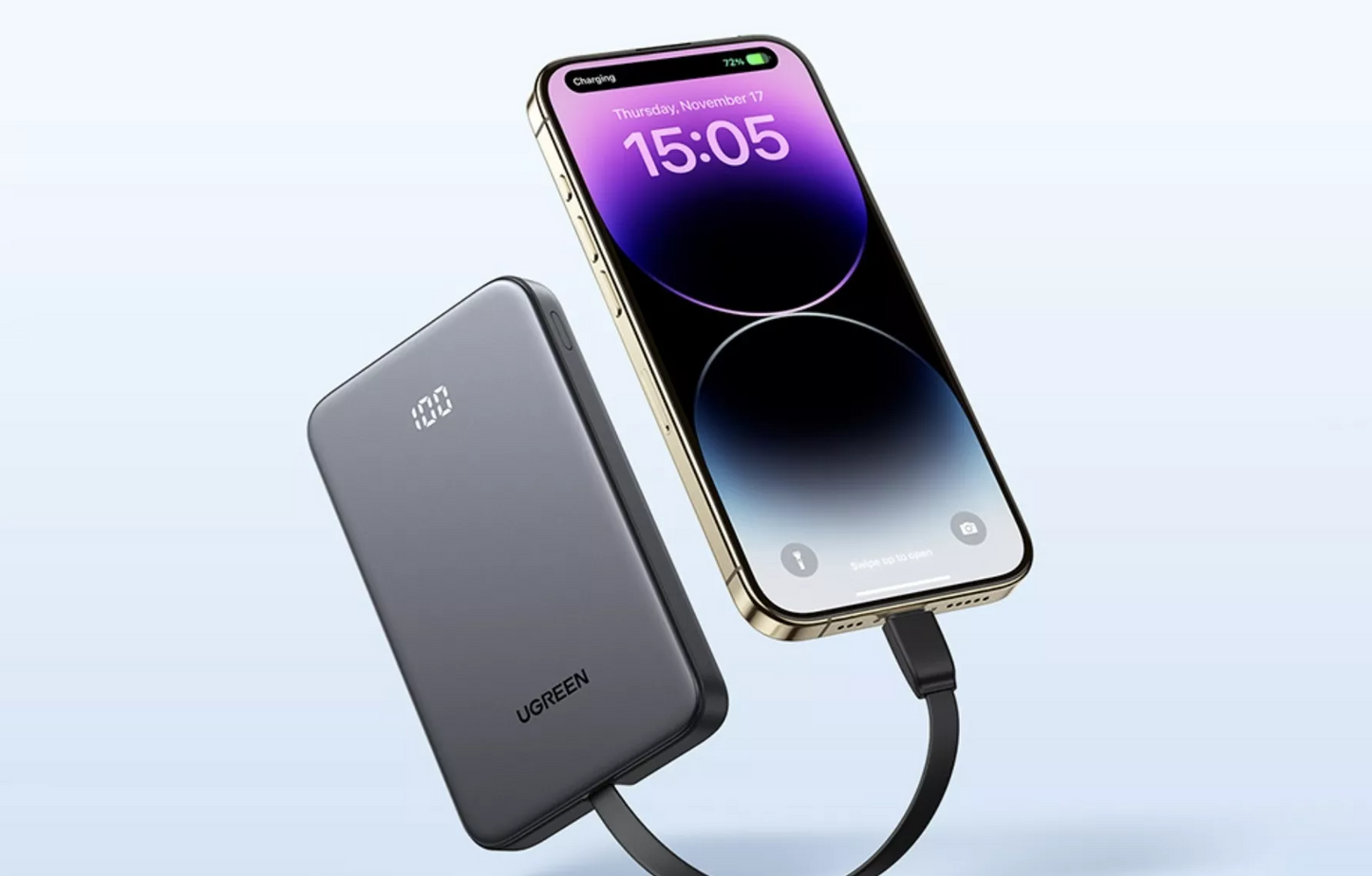 Ekstern Batteri UGREEN PB526 (75161B), 10000mAh, 20W, QC + PD, 1 x USB-A - 2 x USB-C, Grå