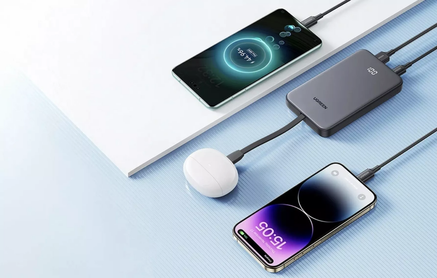 Ekstern Batteri UGREEN PB526 (75161B), 10000mAh, 20W, QC + PD, 1 x USB-A - 2 x USB-C, Grå