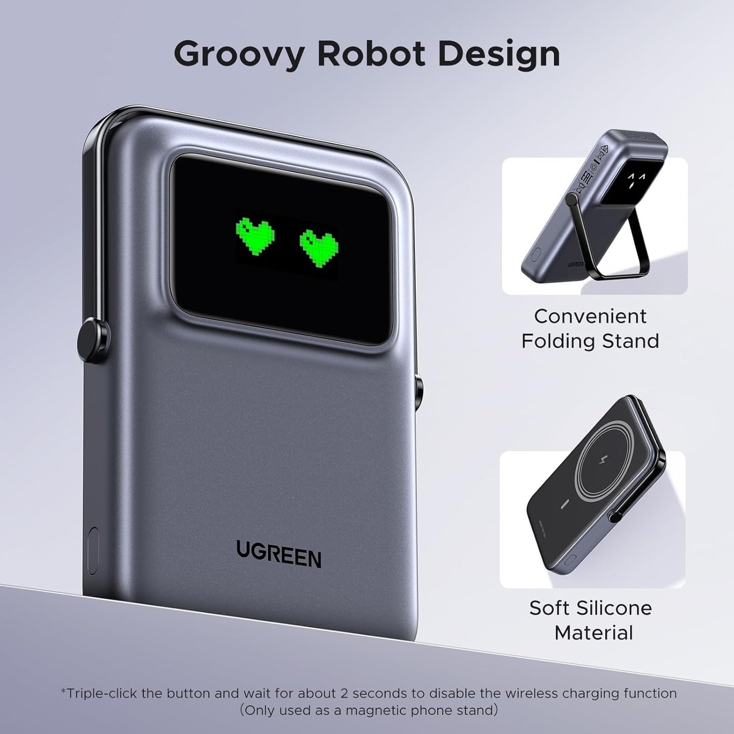 UGREEN PB572 Uno trådløs ekstern batteri, 10000mAh, 20W, PD + FQI, 1 x QI - 1 x USB-C, Grå