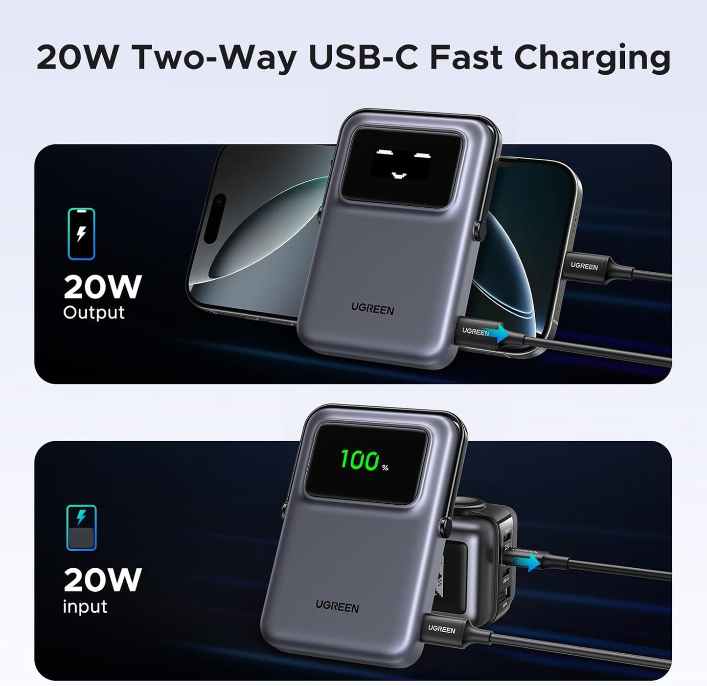 UGREEN PB572 Uno trådløs ekstern batteri, 10000mAh, 20W, PD + FQI, 1 x QI - 1 x USB-C, Grå