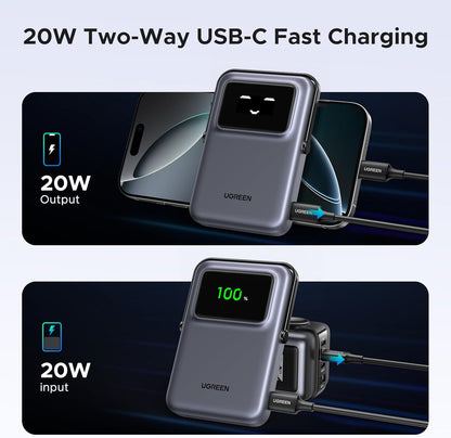 UGREEN PB572 Uno trådløs ekstern batteri, 10000mAh, 20W, PD + FQI, 1 x QI - 1 x USB-C, Grå