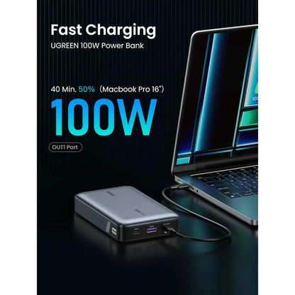 Ekstern batteri UGREEN PB720 Nexode, 20000mAh, 100W, QC + PD, 1 x USB-A - 2 x USB-C, Grå