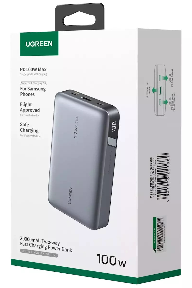 Ekstern batteri UGREEN PB720 Nexode, 20000mAh, 100W, QC + PD, 1 x USB-A - 2 x USB-C, Grå