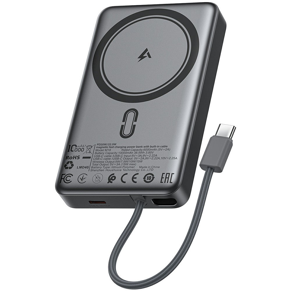 Ekstern trådløs batteri Acefast M18, 10000mAh, 22.5W, PD + FQI, 1 x QI - 2 x USB-C, Sort