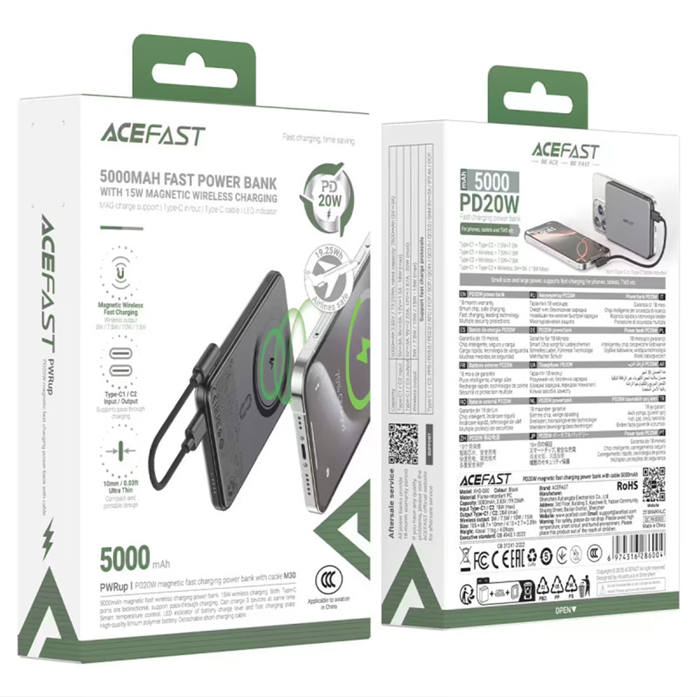 Ekstern trådløs batteri Acefast M30, 5000mAh, 20W, PD + FQI, 1 x QI - 2 x USB-C, Sort