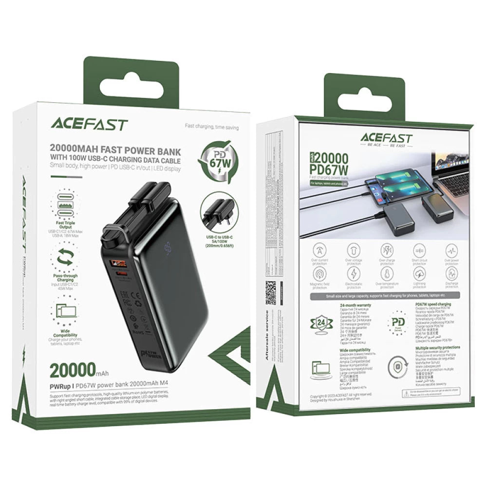 Ekstern batteri Acefast M4, 20000mAh, 67W, PD, 1 x USB-A - 2 x USB-C, Sort