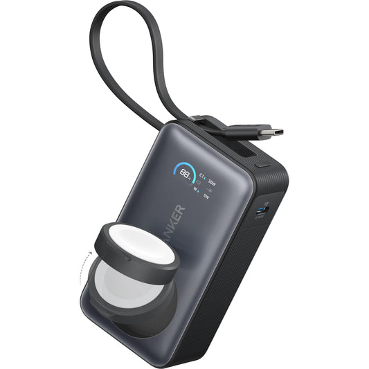 Ekstern trådløs Anker MagGo batteri, 10000mAh, 35W, PD + QI, 1 x QI - 2 x USB-C, Sort A1657H11