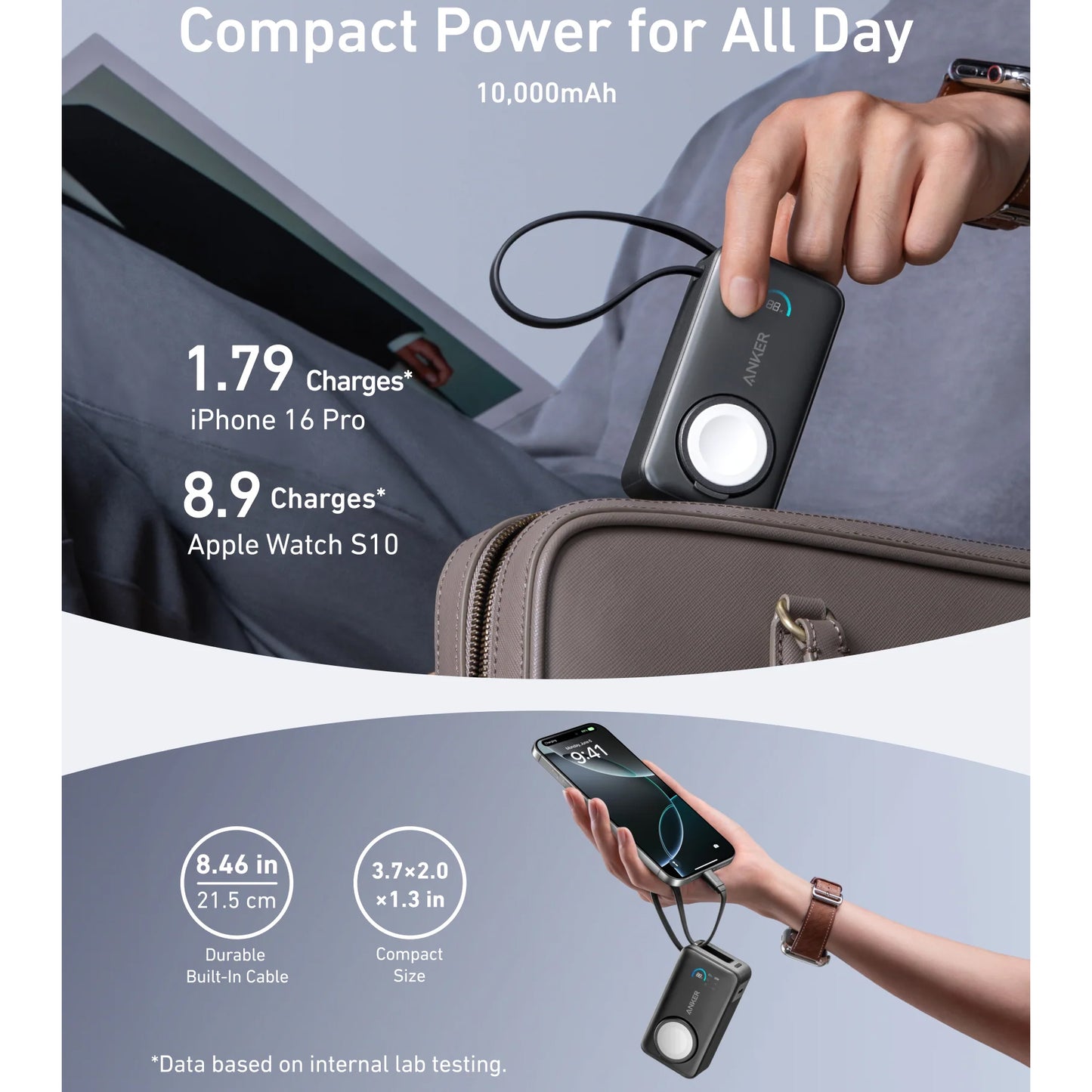 Ekstern trådløs Anker MagGo batteri, 10000mAh, 35W, PD + QI, 1 x QI - 2 x USB-C, Sort A1657H11