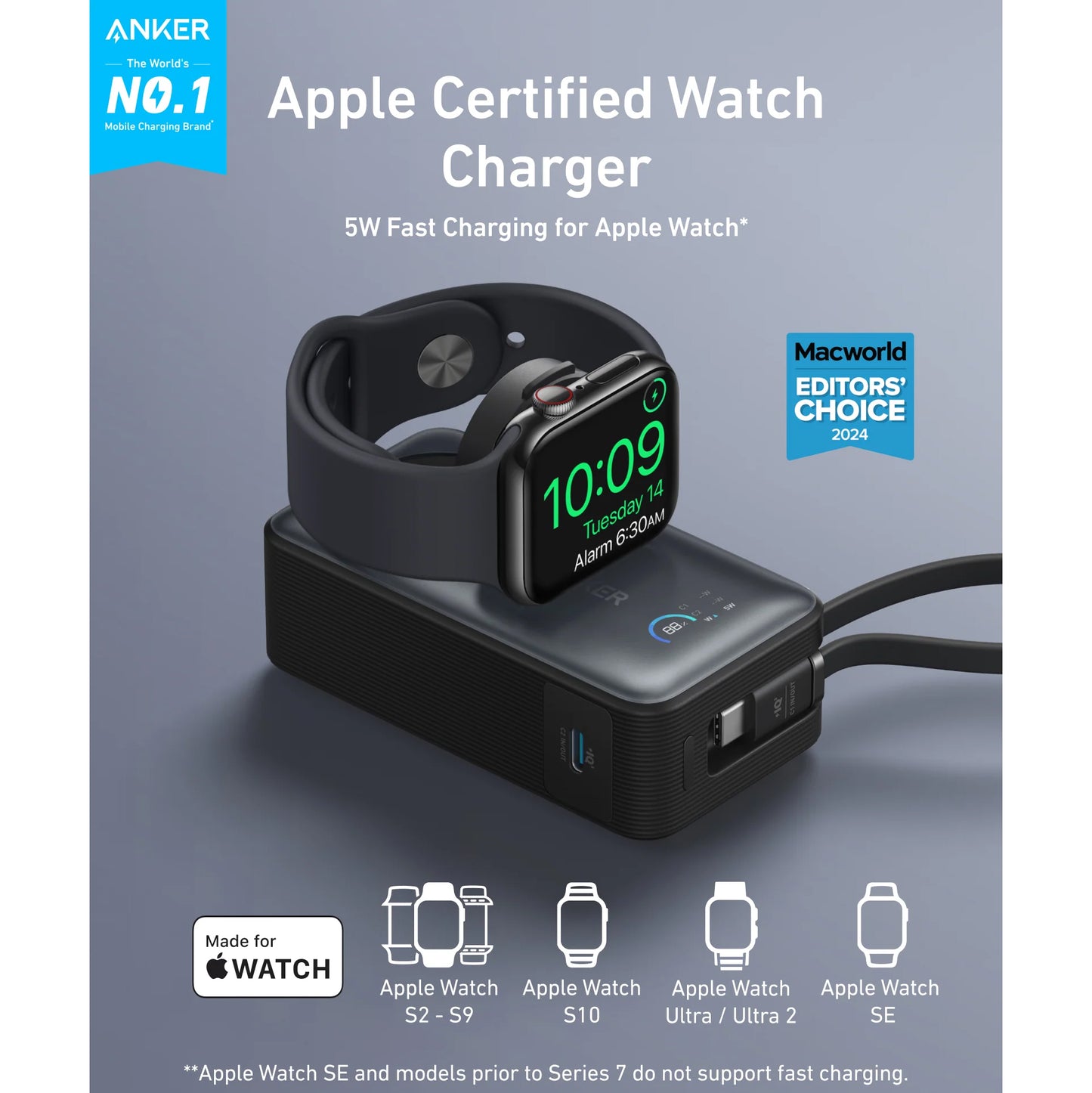 Ekstern trådløs Anker MagGo batteri, 10000mAh, 35W, PD + QI, 1 x QI - 2 x USB-C, Sort A1657H11