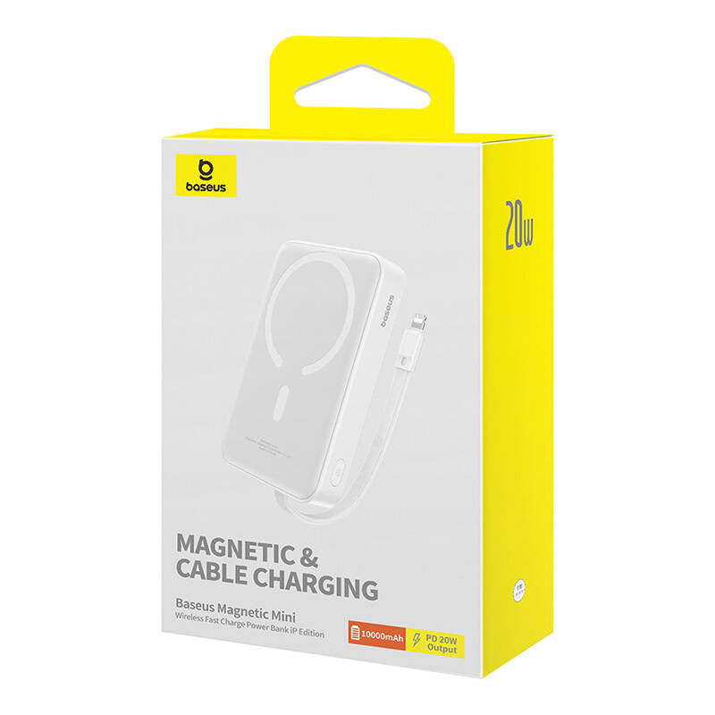 Ekstern Trådløs Batteri Baseus Magnetic Mini, 10000mAh, 20W, PD + FQI, 1 x Lightning - 1 x QI - 1 x USB-C, Hvid P10022109223-00