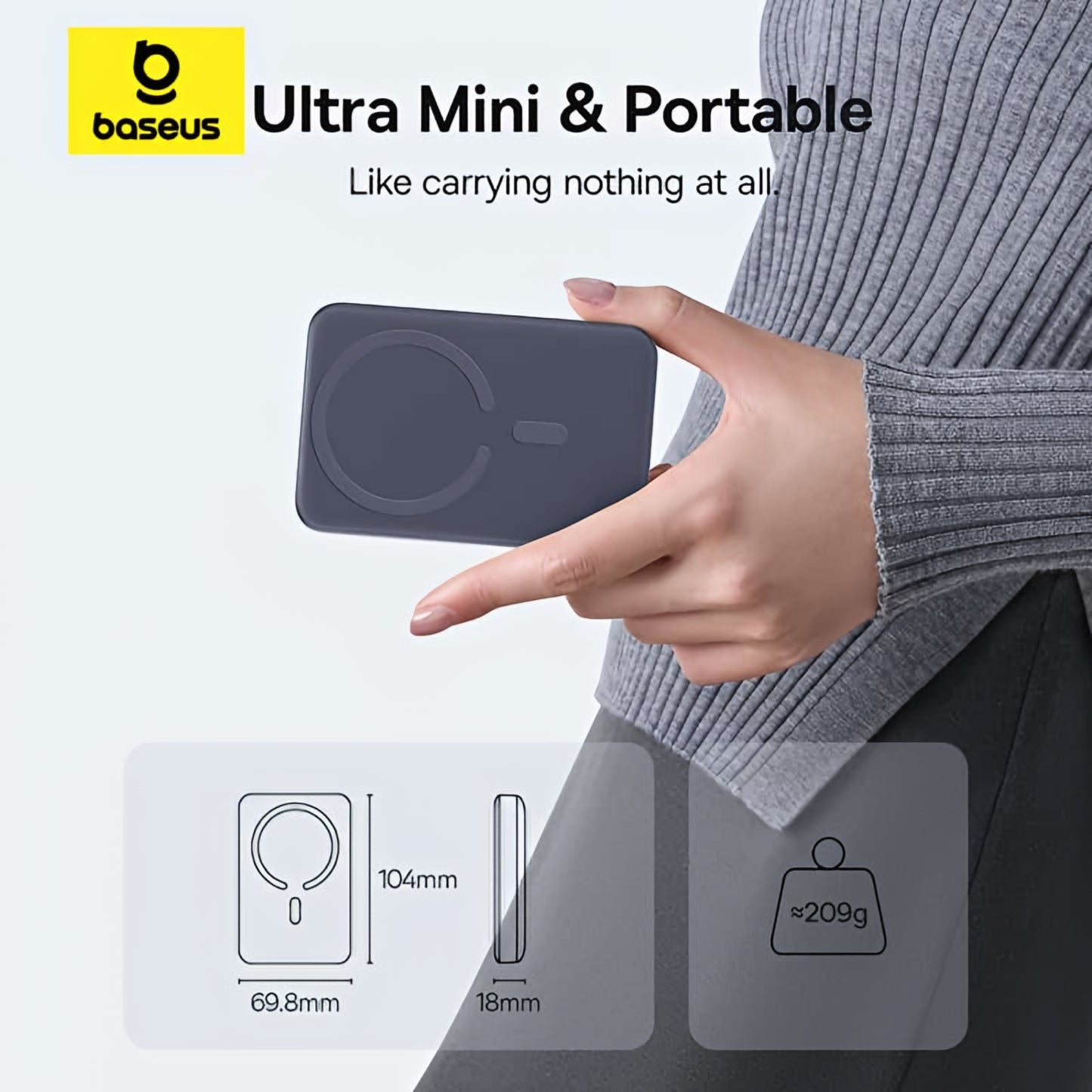 Ekstern trådløs batteri Baseus EnerFill FM11 Ultra-Mini, 10000mAh, 22.5W, PD + FQI, 1 x QI - 1 x USB-C, Grå E0026602
