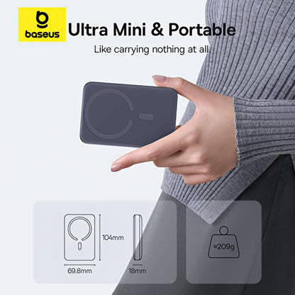 Ekstern trådløs batteri Baseus EnerFill FM11 Ultra-Mini, 10000mAh, 22.5W, PD + FQI, 1 x QI - 1 x USB-C, Grå E0026602