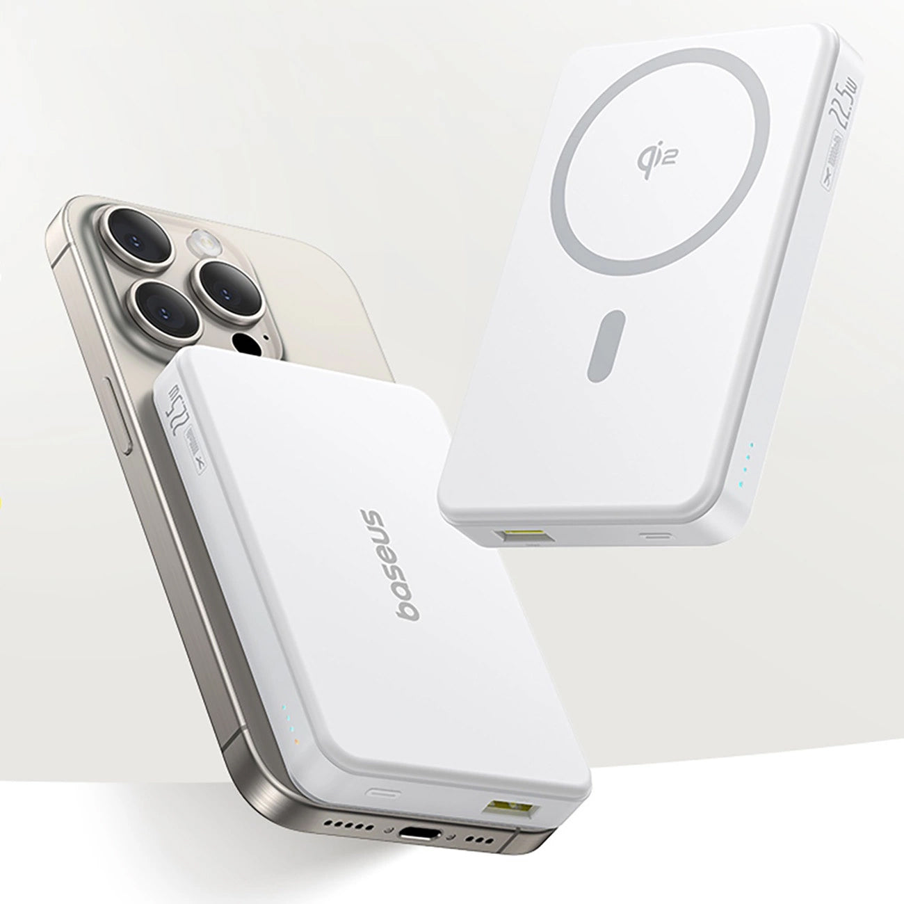 Ekstern trådløs batteri Baseus Airpow2 Qi2, 10000mAh, 22.5W, QC + PD + FQI, 1 x QI - 1 x USB-A - 1 x USB-C, Hvid P10080000213-00