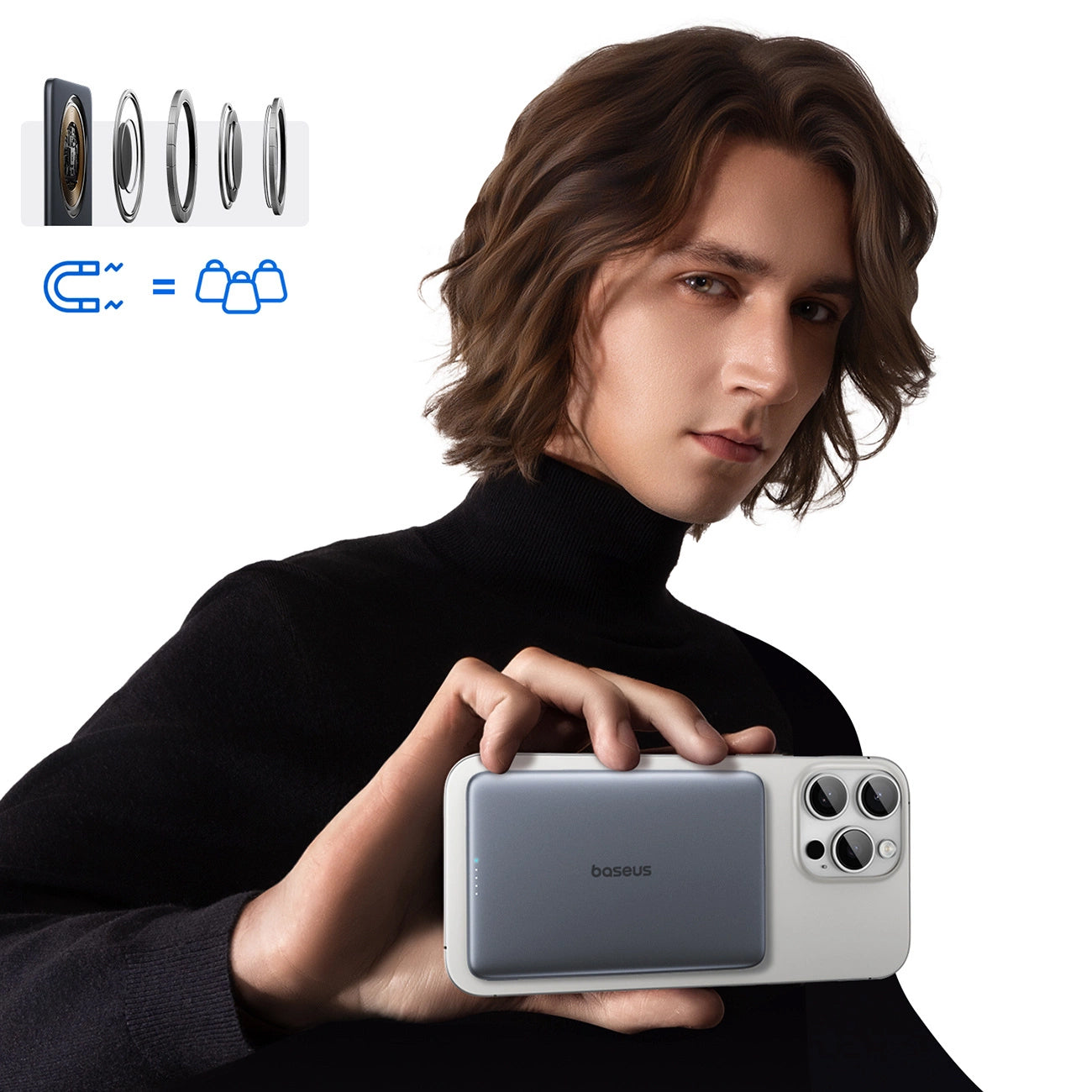Ekstern Trådløs Batteri Baseus PicoGo AM41, 5000mAh, 20W, PD + FQI, 1 x QI - 1 x USB-C, Grå P1007680C813-00