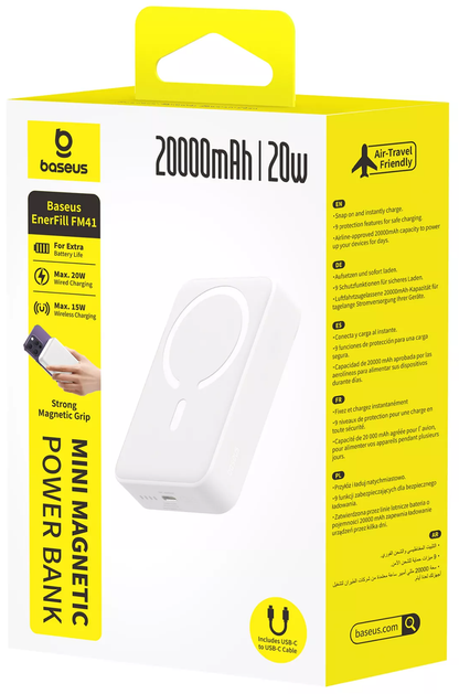 Trådløs Ekstern Batteri Baseus EnerFill FM41 Mini, 20000mAh, 20W, PD + FQI, 1 x QI - 1 x USB-C, Hvid E0027U01