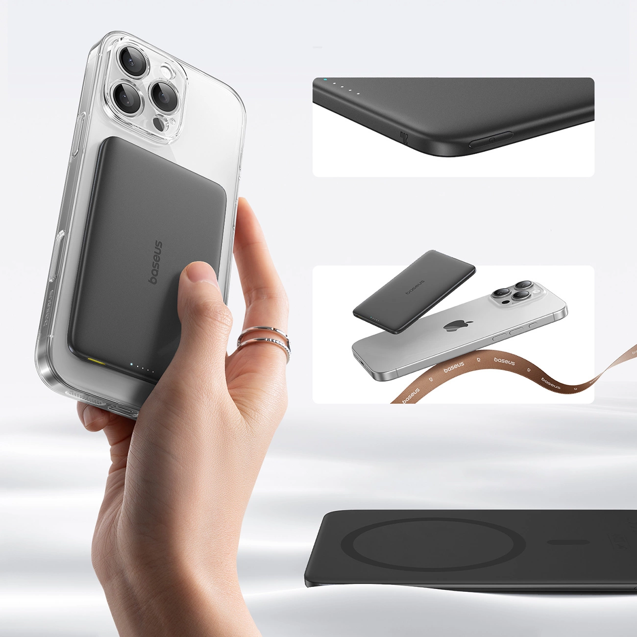 Ekstern trådløs batteri Baseus PicoGo AM41, 5000mAh, 20W, PD + FQI, 1 x QI - 1 x USB-C, Sort